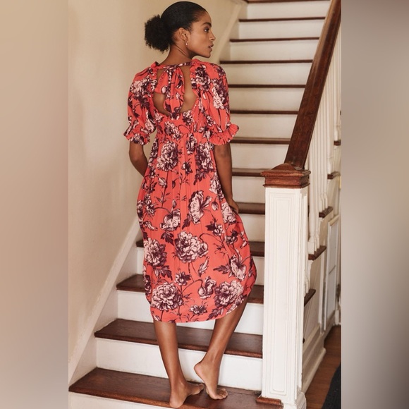 By Anthropologie Puff-Sleeve Smocked Floral Midi Dress Size Large Red - Picture 2 of 8